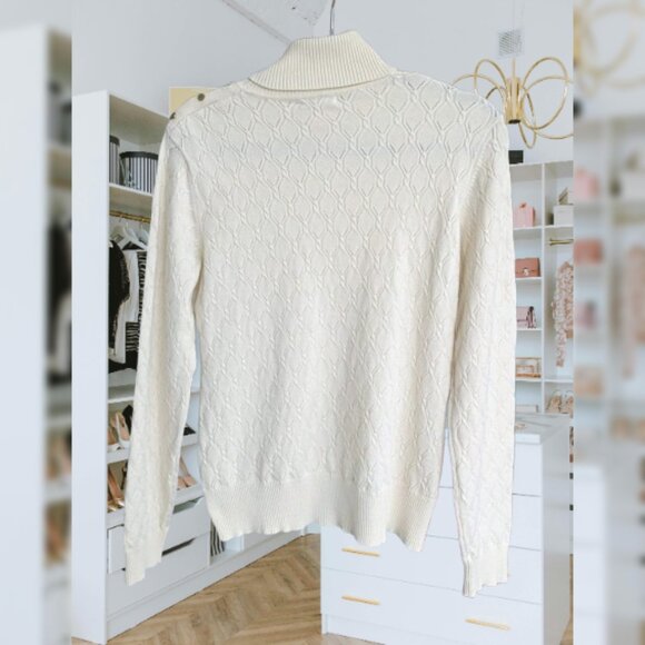 Originaire Pointelle Cream Turtlenec Sweater w/ Brass Button Detail Cottagecore - Picture 2 of 5